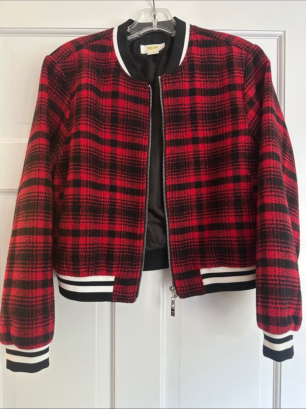 Maeve Red and Black Plaid Bomber with Striped Trim